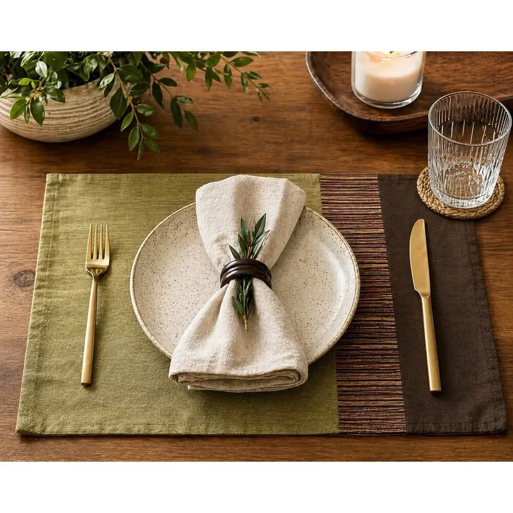 Crate Barrel Taja Silk Placemats Set 4 Green Brown Striped 14x19 India Modern